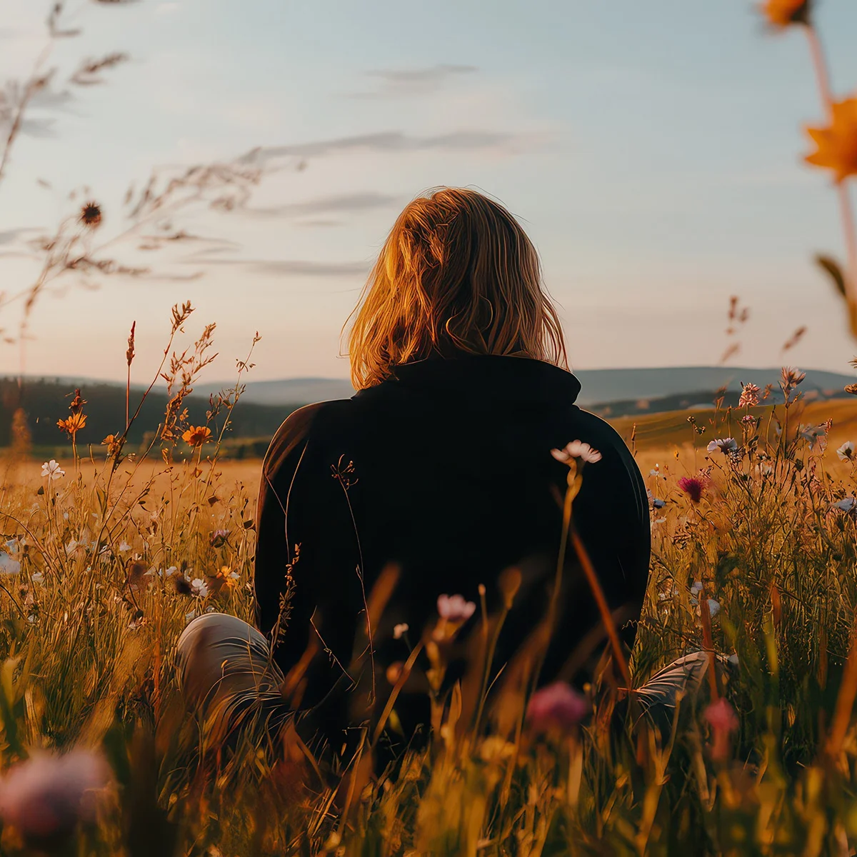 A woman sits in a meadow with her back facing the camera. She is thinking about joining aftercare support at Sheridan Grove Recovery.